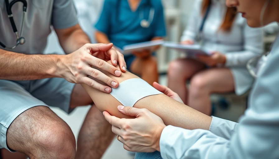 Medical examination of bandaged knee in a clinic.