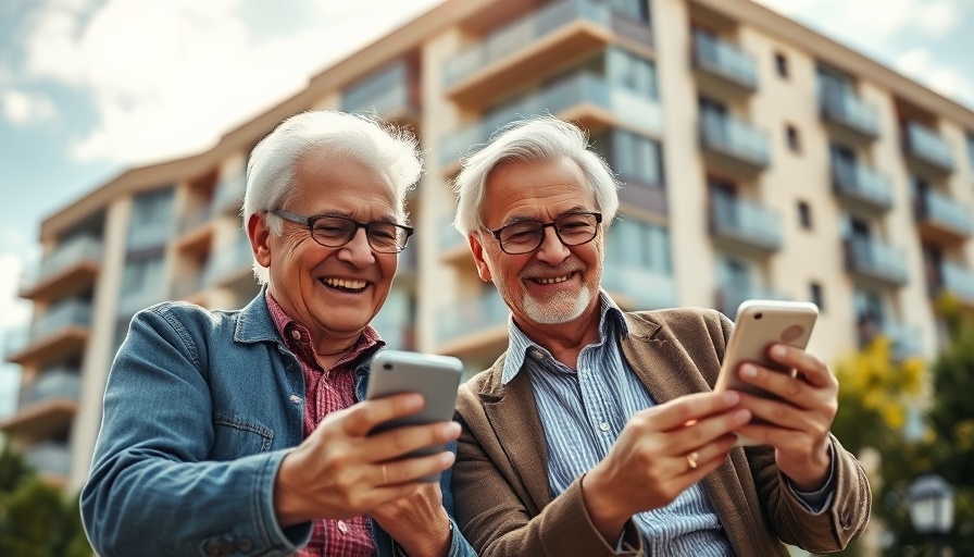 Joyful seniors engaging with smartphone, emphasizing modern senior living.