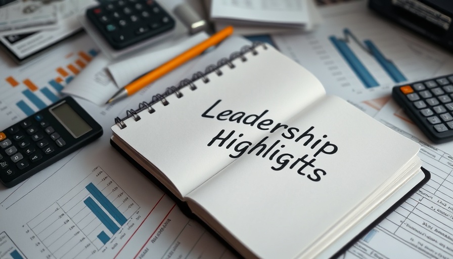 Notebook titled 'Leadership Highlights' amidst financial documents.