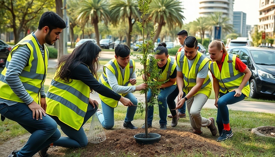Volunteers plant tree in park with reflective vests.