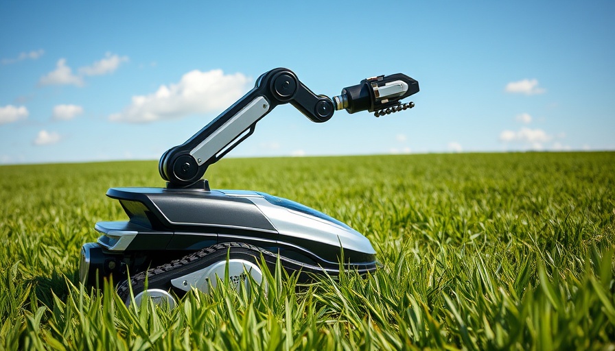 Robot lawn mower with mechanical arm in green field