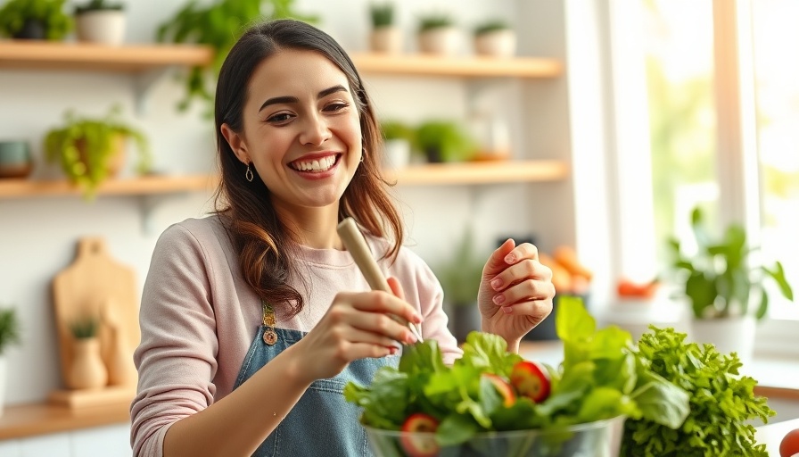 Smiling young woman preparing salad in bright kitchen for comprehensive weight loss platform.