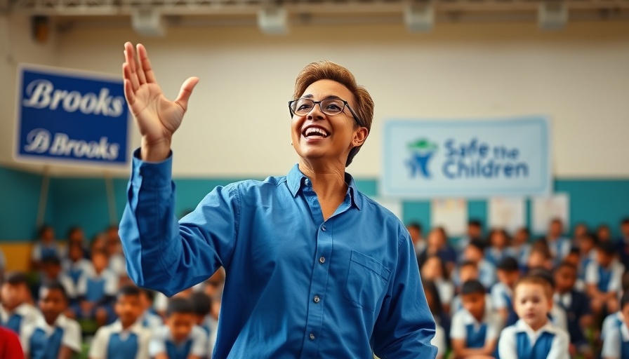 Energetic speaker at school in Brooks theme, dynamic setting.
