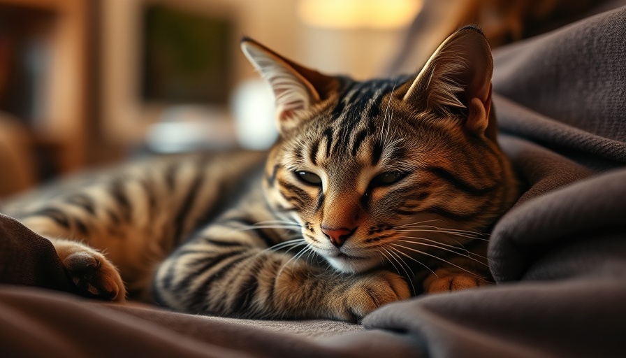Gentle tabby cat resting on a person's lap indoors, soft lighting.