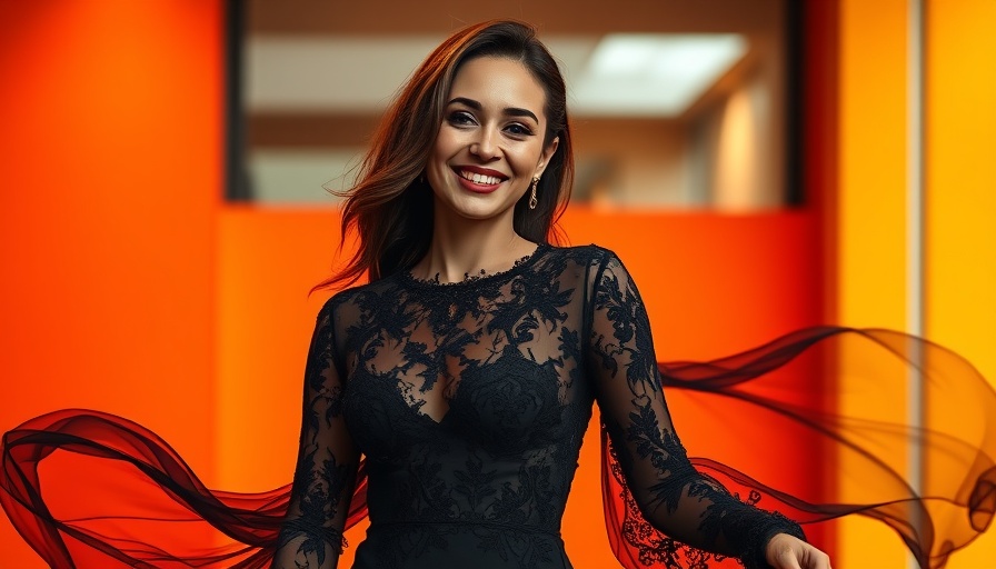 Elegant woman posing in black lace dress at event