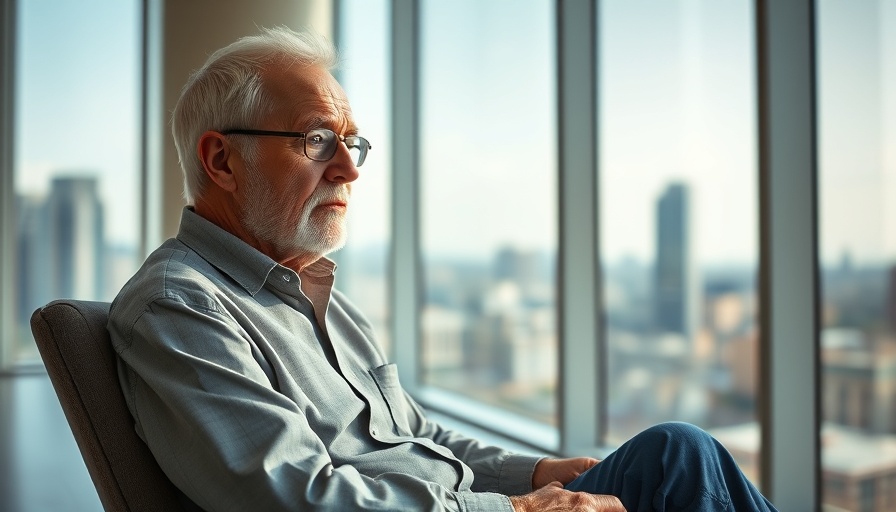 Elderly man reflecting near window, midkine discovery Alzheimer's treatment insight.