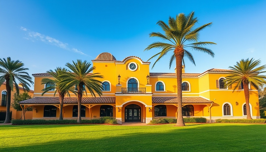Assisted living units Key West, charming yellow building with palm trees.
