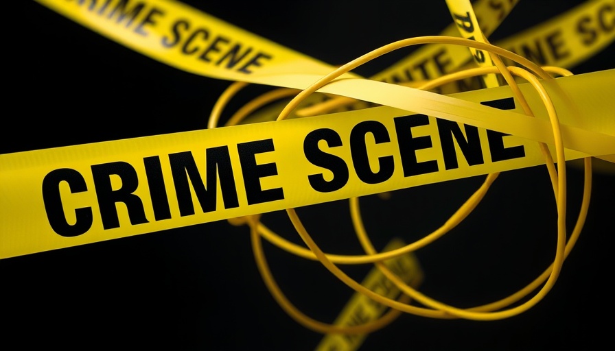 Yellow crime scene tape crossing, vivid text, bright lighting.