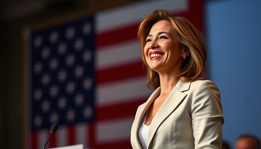 Confident woman in front of American flag, addressing audience.