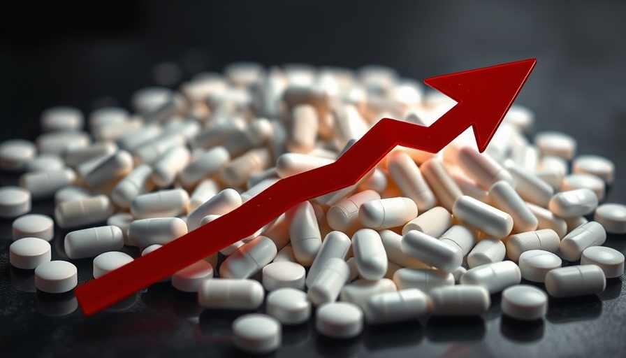 Red arrow over white pills declining trend related to Tylenol and autism link.