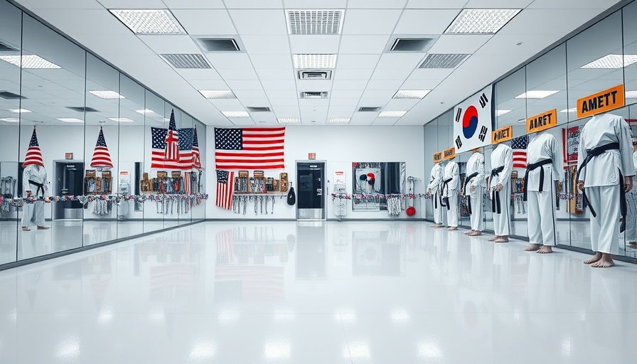 Wide-angle view of self-defense training studio in Tulsa with flags and mirrors.