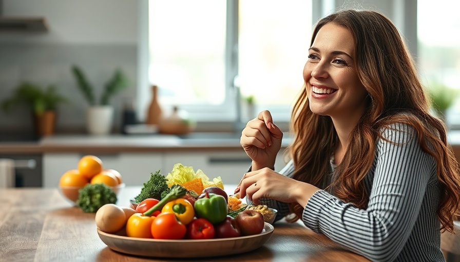 Woman enjoying healthy meal for hair growth in bright kitchen.