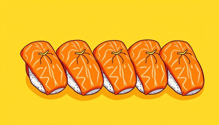 Salmon sushi with worms on vibrant yellow background.