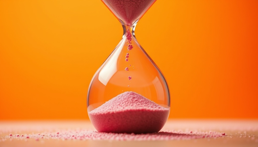 Transparent hourglass with pink sand against orange background, symbolizing time passing.