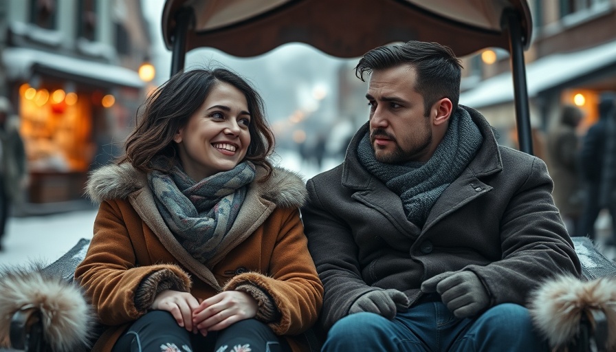 Two individuals in a sled, showing emotional complexity in a winter setting.