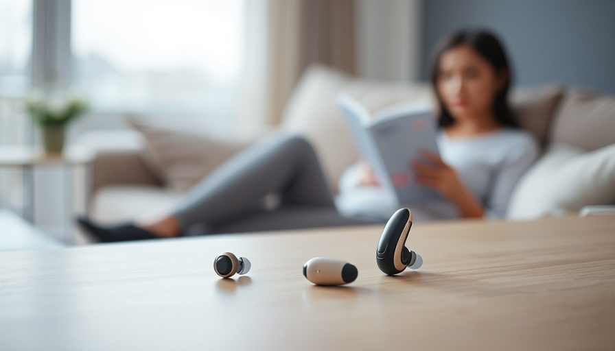 Smart hearing aids displayed on a table with a focus on speech recognition technology.