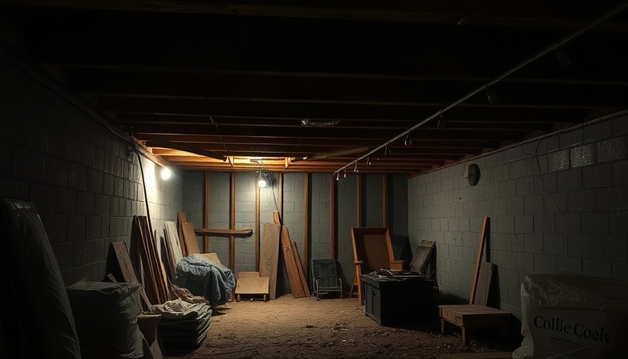 Dimly lit basement with beams in unfinished housing setting.