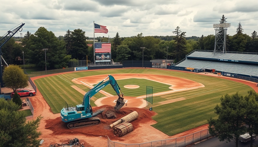 Hydraulic breaker used by excavator at baseball field construction.