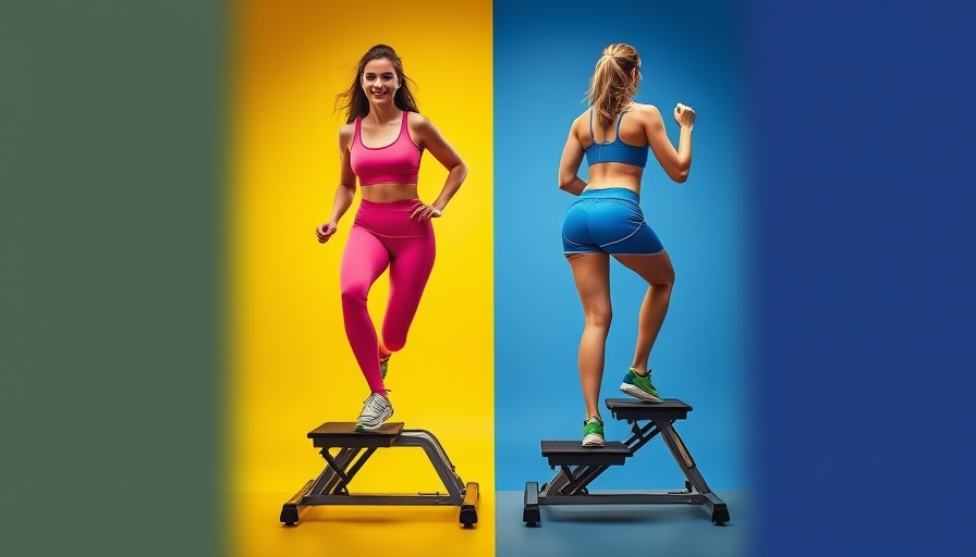 Women demonstrating benefits of using a stair stepper with vibrant background.