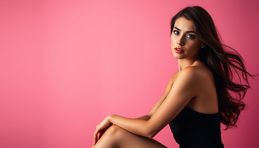 Elegant woman in red dress posing against pink backdrop
