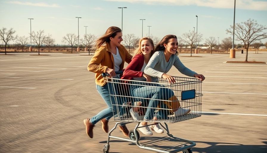 Energetic young adults enjoying a ride in a shopping cart outdoors.