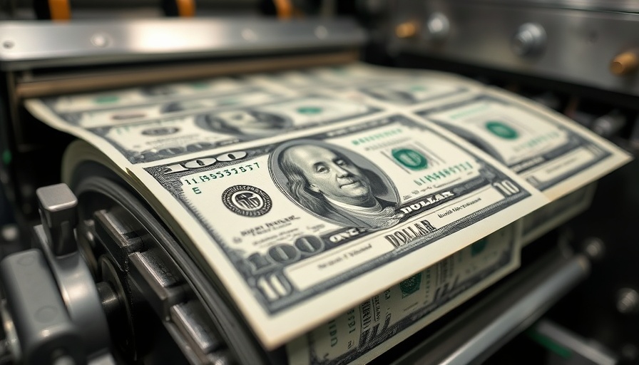 Close-up of currency being printed in a factory setting.