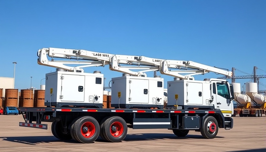 Portable light towers on flatbed truck under blue sky, industry trend.
