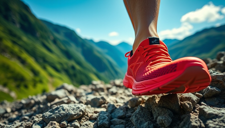 Close-up of running shoe on rocky trail in mountain landscape.