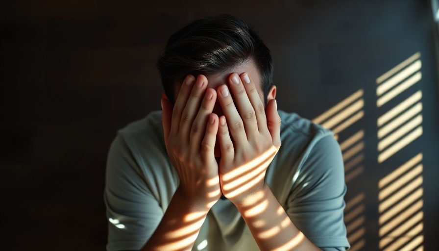 Person shading face with hands under striped light, conveying insomnia effects.