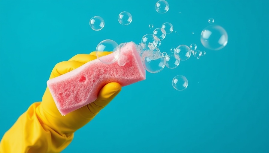 Yellow glove squeezing soapy sponge, kitchen cleaning mistakes for seniors.