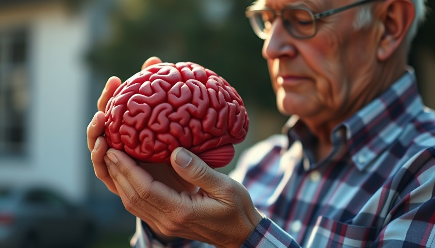 Detailed red brain model held by older man addressing inflammation and aging.