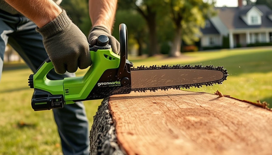 Greenworks 24V Brushless Pruning Saw cutting a tree log in a field.