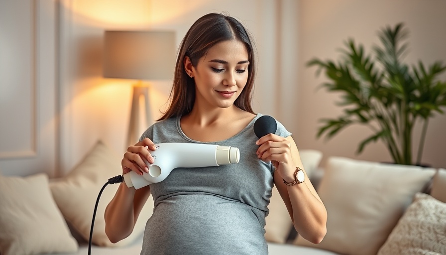 Pregnant woman relaxing with a massage gun.