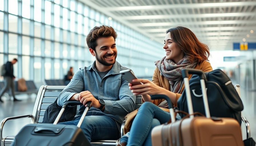 Happy couple at airport engaging on phone with luggage, maximize benefits Muskegon.