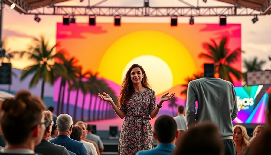 Confident speaker on stage at FutureProof Festival with vibrant backdrop.