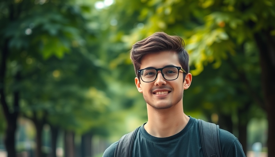 Young man smiling in a park, showcasing relaxed style.