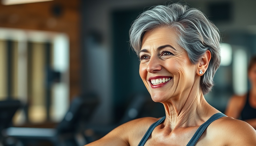 Gray-haired woman exemplifying fitness guidance for retirees in Muskegon, smiling in gym.