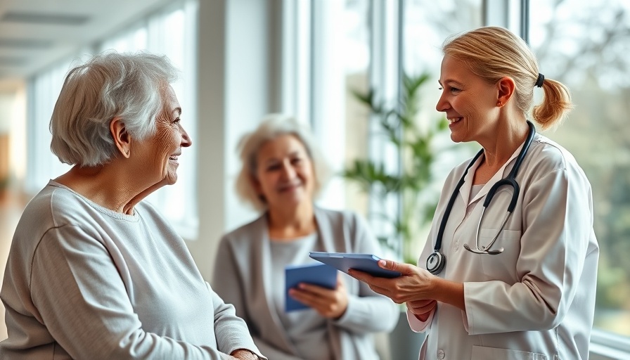 Elderly woman and healthcare professional discussing in a bright clinic.