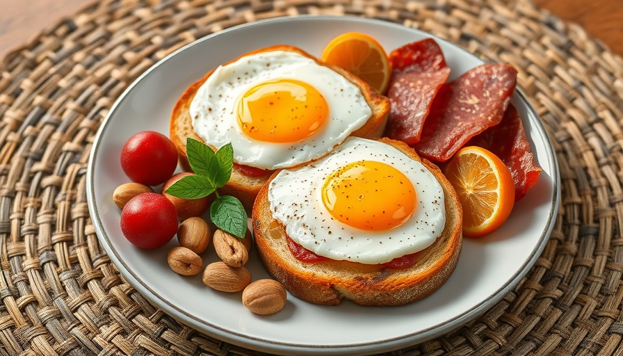 Healthy eating habits for seniors: nutritious breakfast with eggs and fruit.