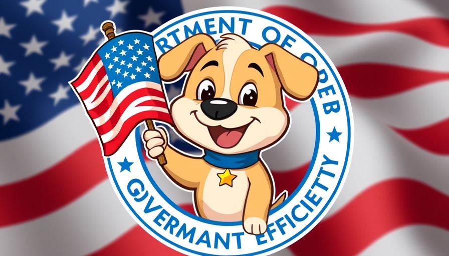 Cartoon dog holding American flag by emblem, American flag background.
