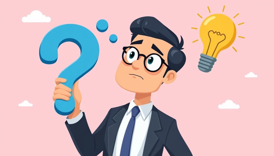 Cartoon businessman holding question mark and light bulb, symbolizing ideas.