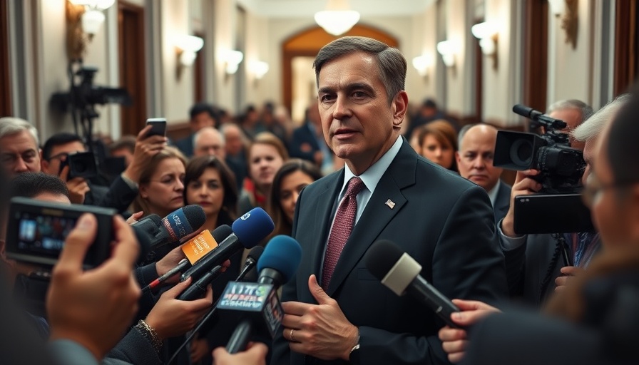 Man in suit speaking to press surrounded by journalists.