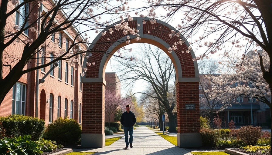 University archway and campus scene under soft sunlight.