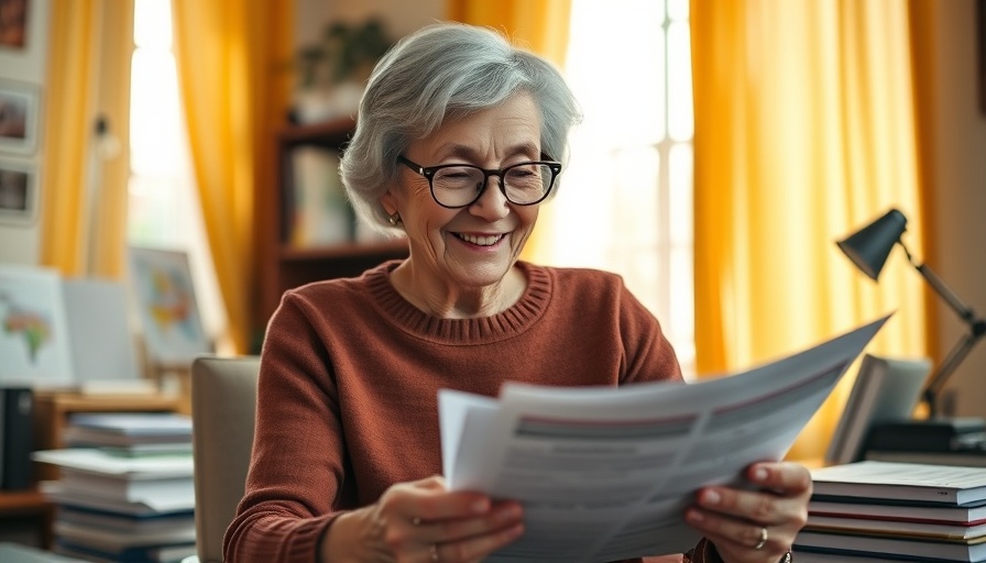 Cheerful elderly woman at desk reviewing papers, retirement age eligibility rules.