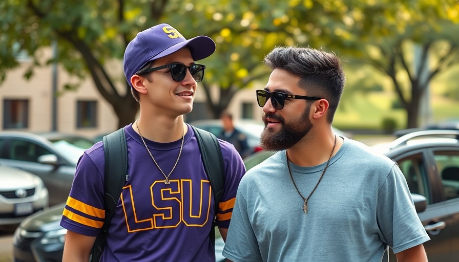 LSU fan with autism chatting outside on a sunny day