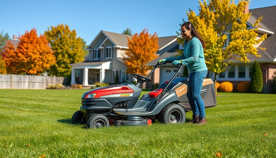 Woman mowing lawn for fall yard cleanup tips, sunny day.