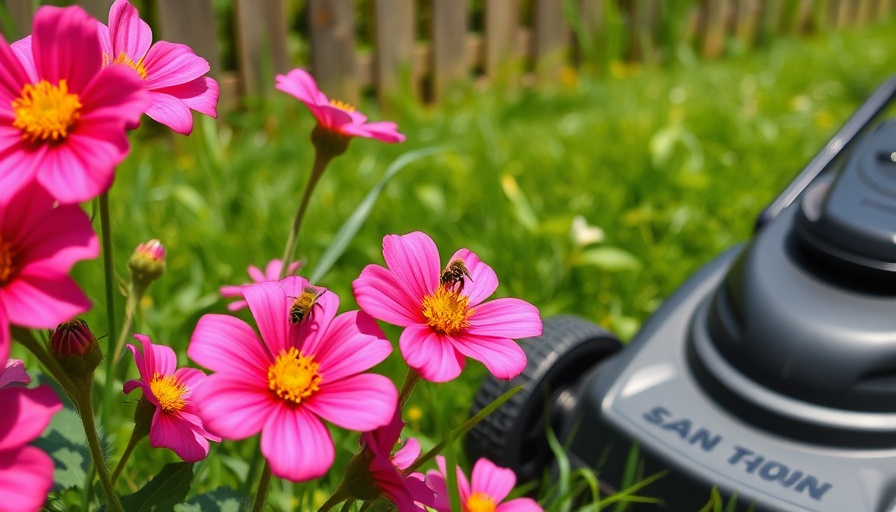 Fall lawn care and gardening scene with pink flowers and lawnmower.