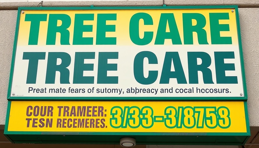 Professional tree care services business sign with contact details and services.