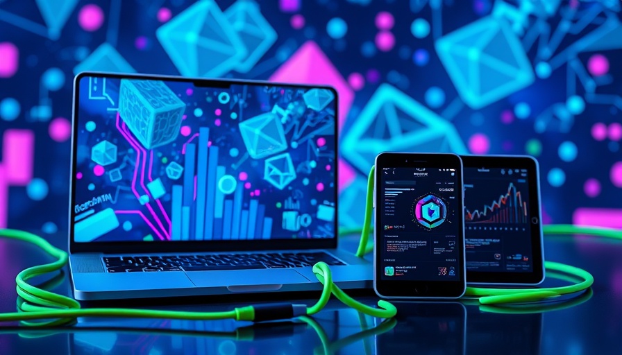 Polkadot app development DOT token concept with devices and blockchain graphics.