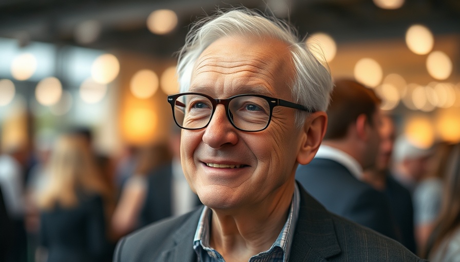 Elderly man in glasses smiling at an event.